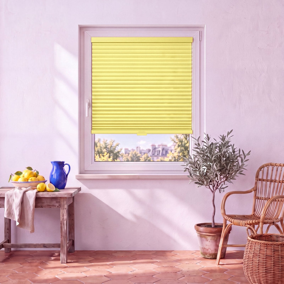 Store Citron posé à fleur du cadre de la fenêtre, dans un intérieur assorti