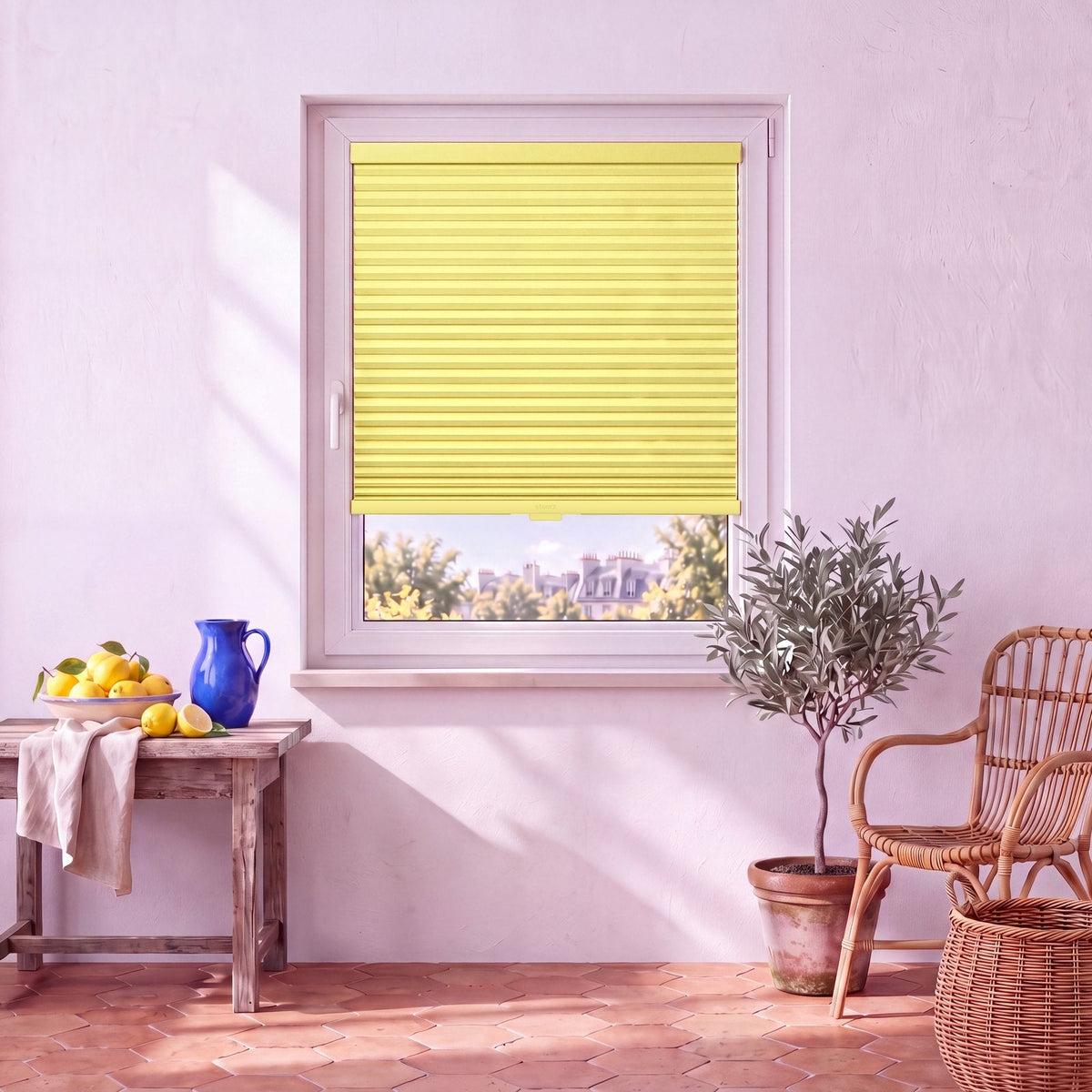 Store Citron posé à fleur du cadre de la fenêtre, dans un intérieur assorti