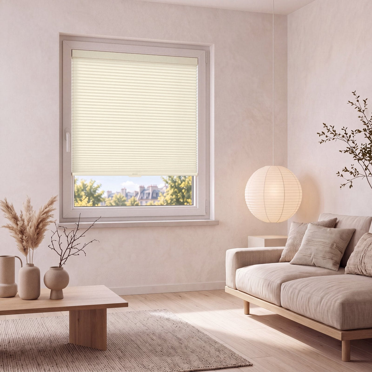 Store Crème posé à fleur du cadre de la fenêtre, dans un intérieur assorti