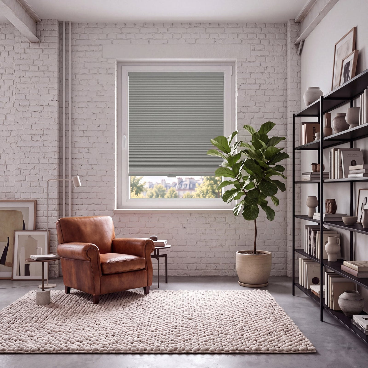 Store Gris Galet posé à fleur du cadre de la fenêtre, dans un intérieur assorti