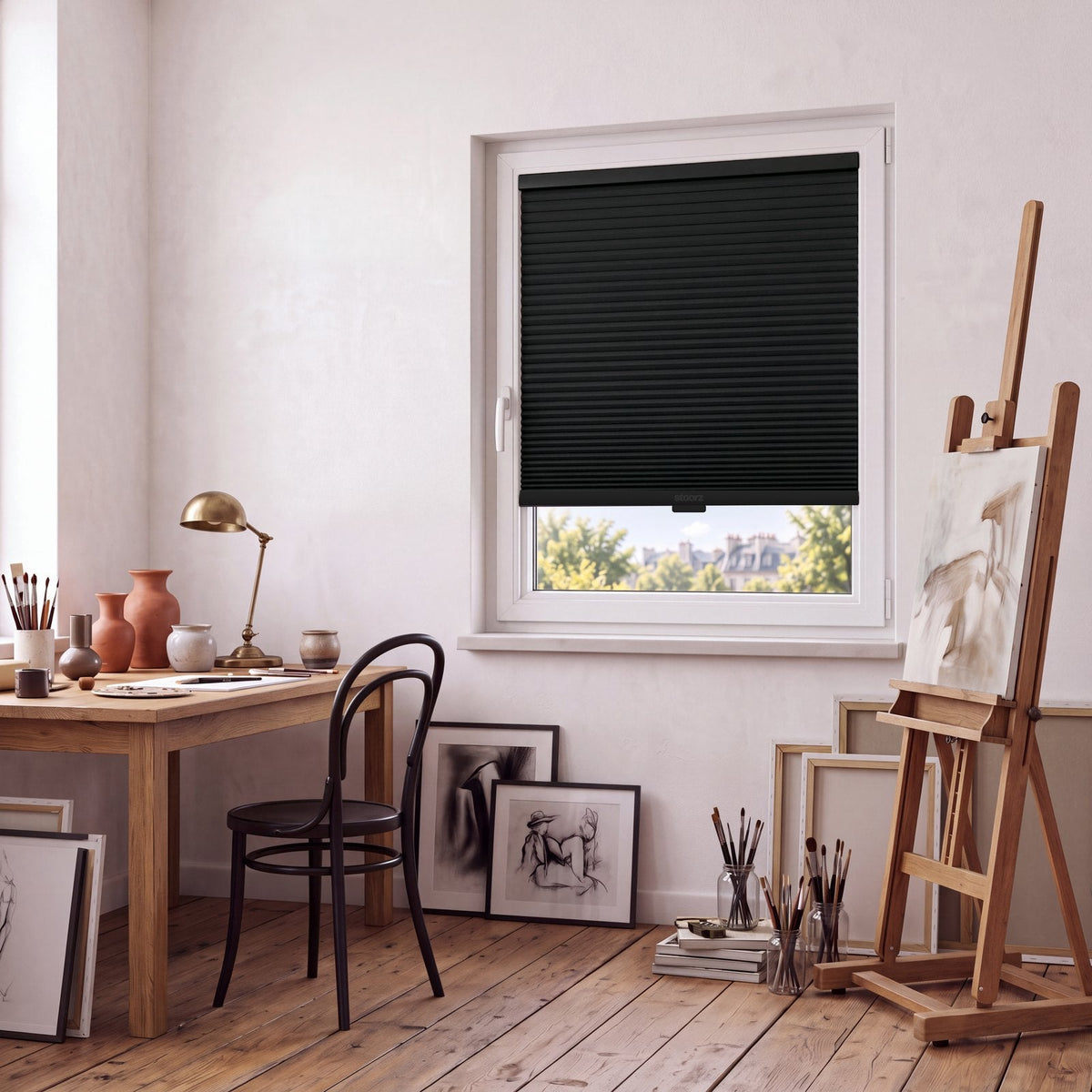 Store Noir posé à fleur du cadre de la fenêtre, dans un intérieur assorti