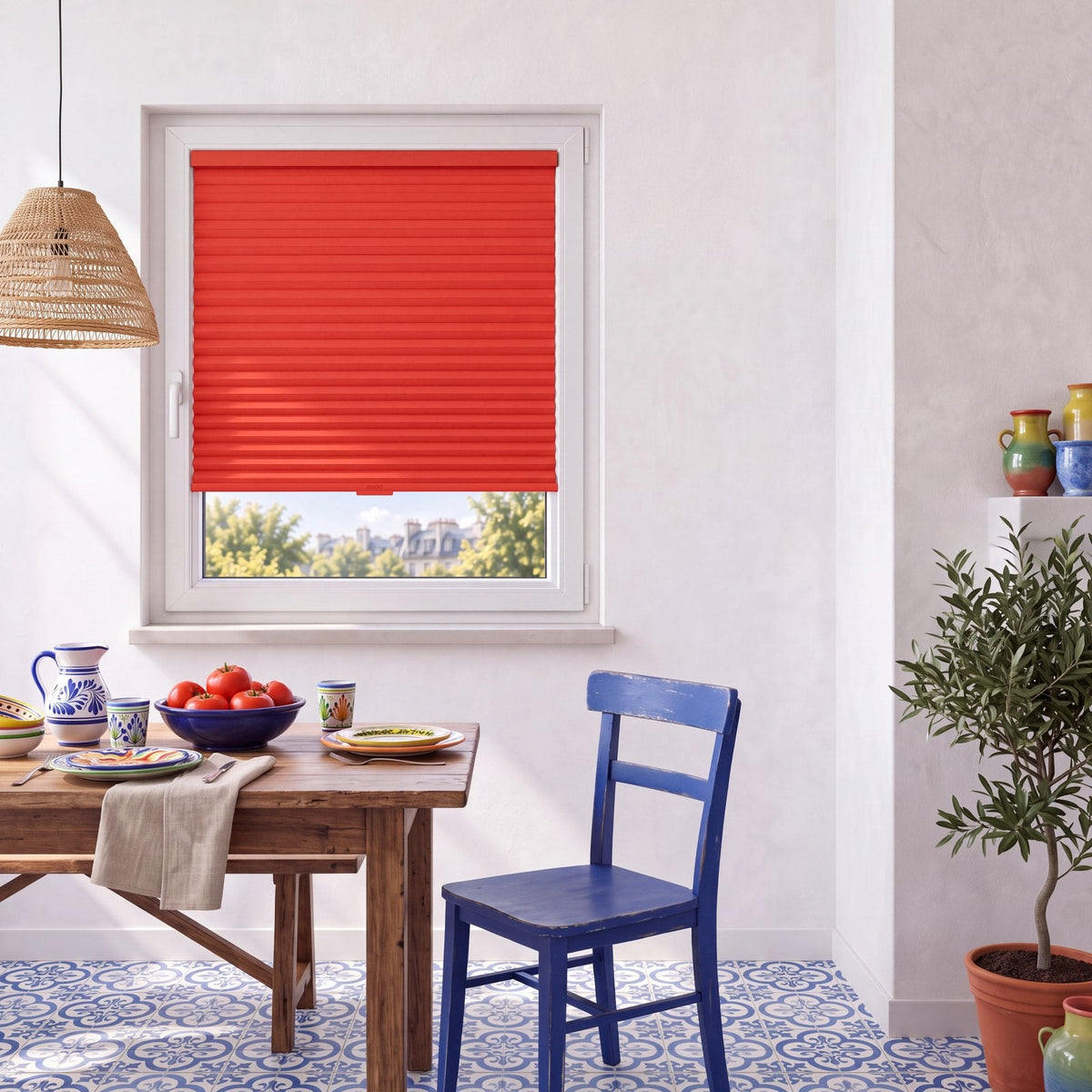 Store Rouge Tomate posé à fleur du cadre de la fenêtre, dans un intérieur assorti