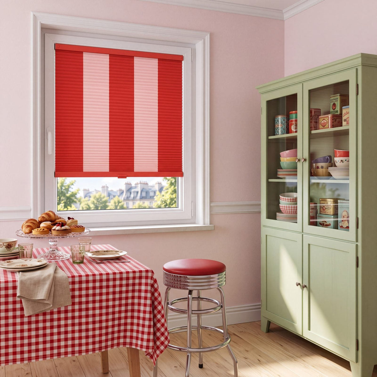 Store Tomate / Rosé posé à fleur du cadre de la fenêtre, dans un intérieur assorti