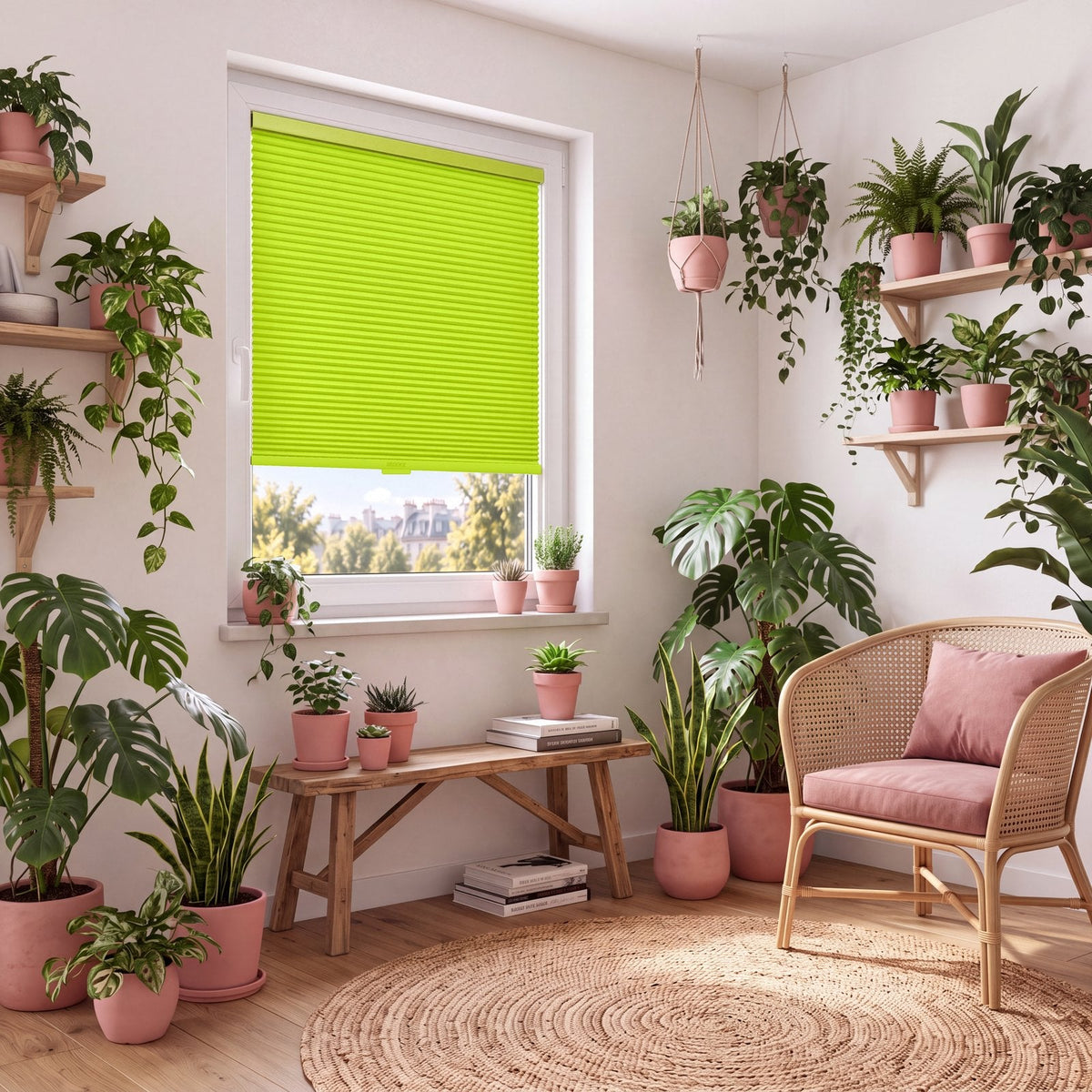 Store Vert Acidulé posé à fleur du cadre de la fenêtre, dans un intérieur assorti