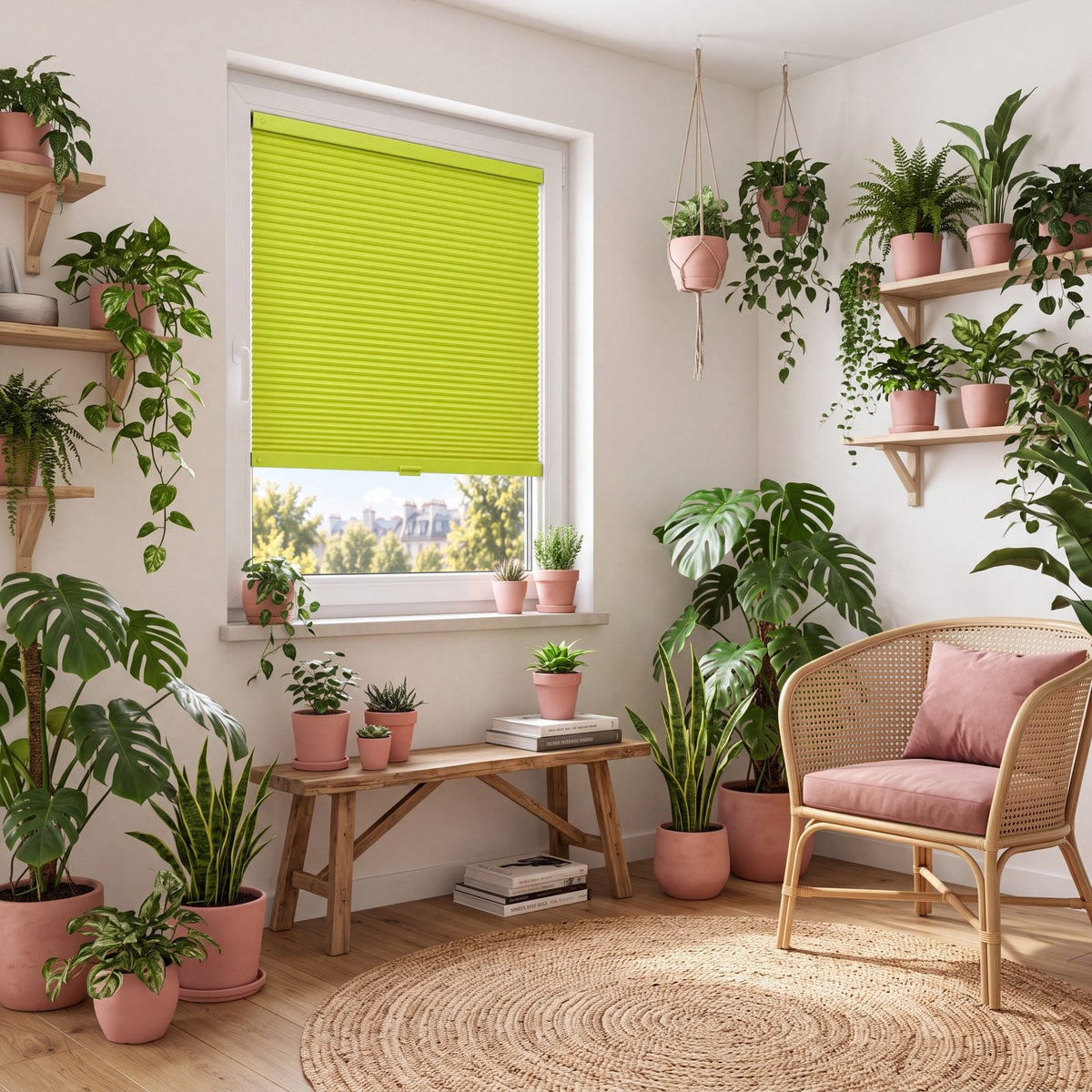 Store Vert Acidulé posé à fleur du cadre de la fenêtre, dans un intérieur assorti