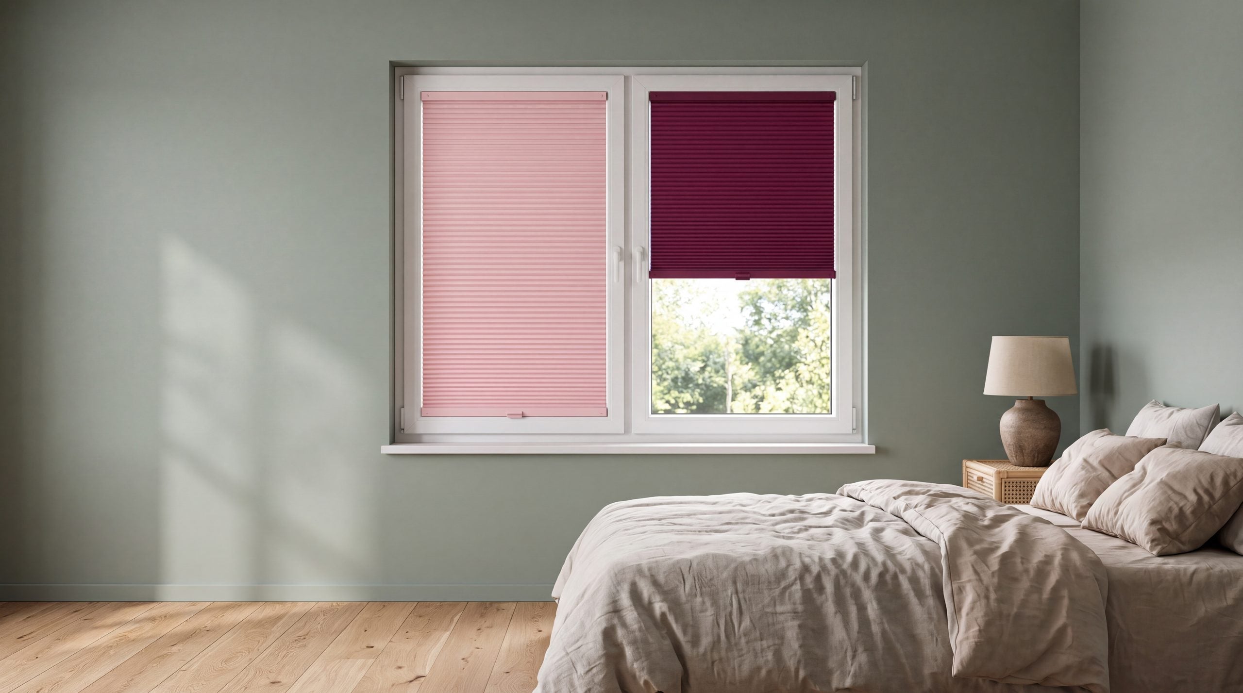 Chambre avec un store Rose Poudré et un store Griotte