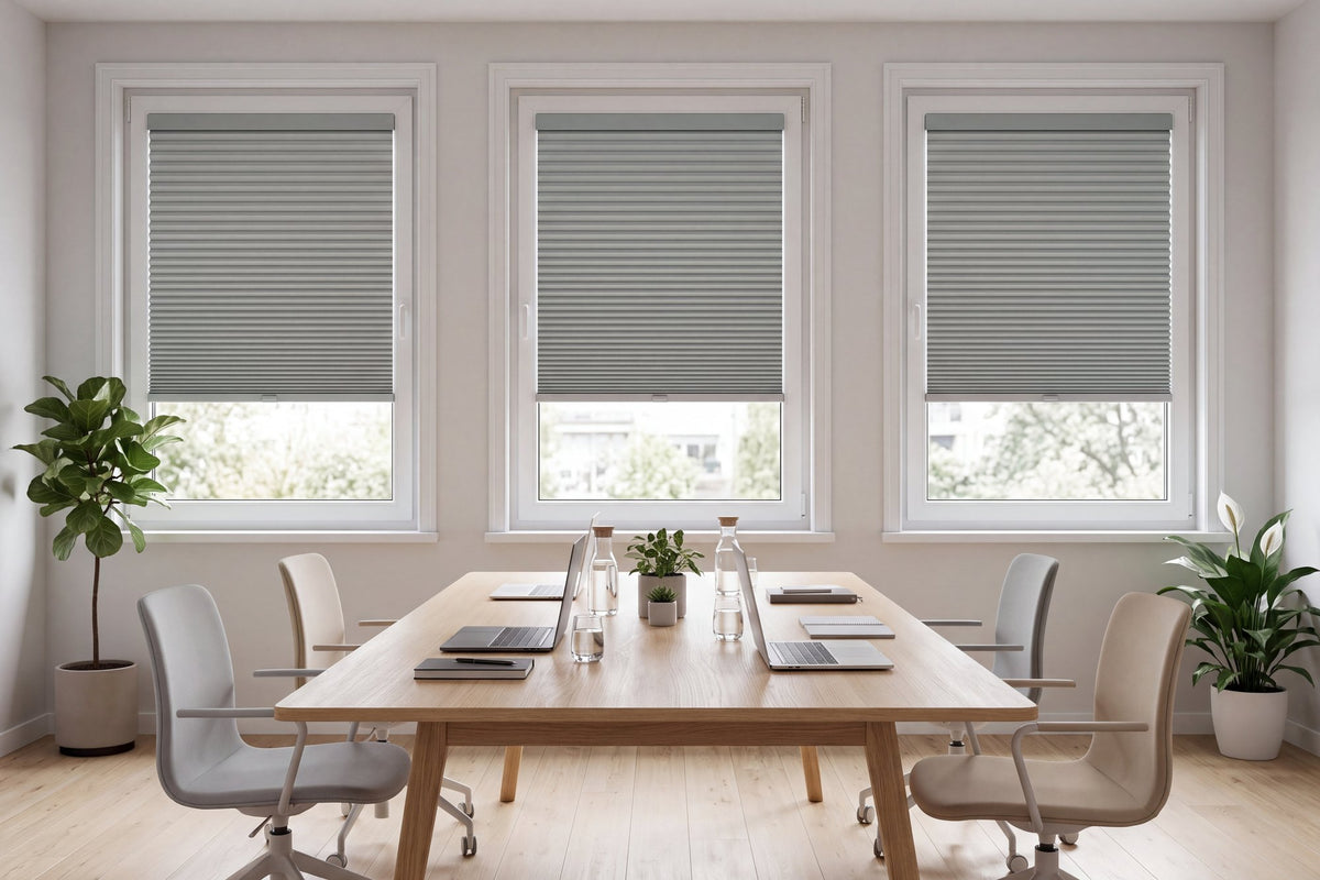 Meeting room with three windows fitted with Gris Galet blinds