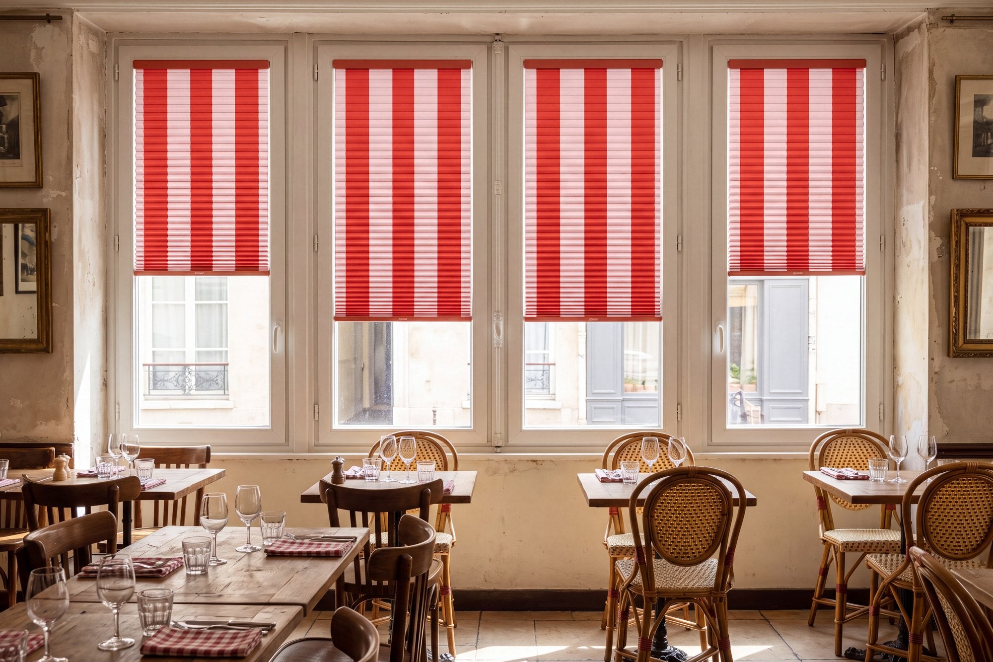 Bistrot aux grandes fenêtres équipées de stores rayés Tomate et Rosé