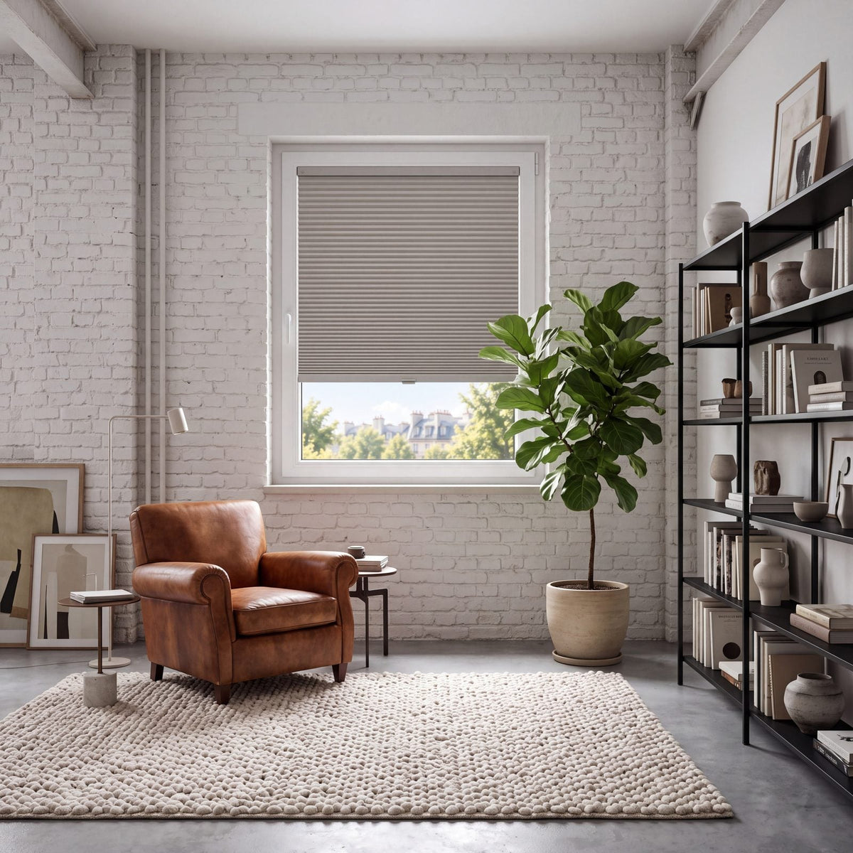 Store Gris Galet posé à fleur du cadre de la fenêtre, dans un intérieur assorti