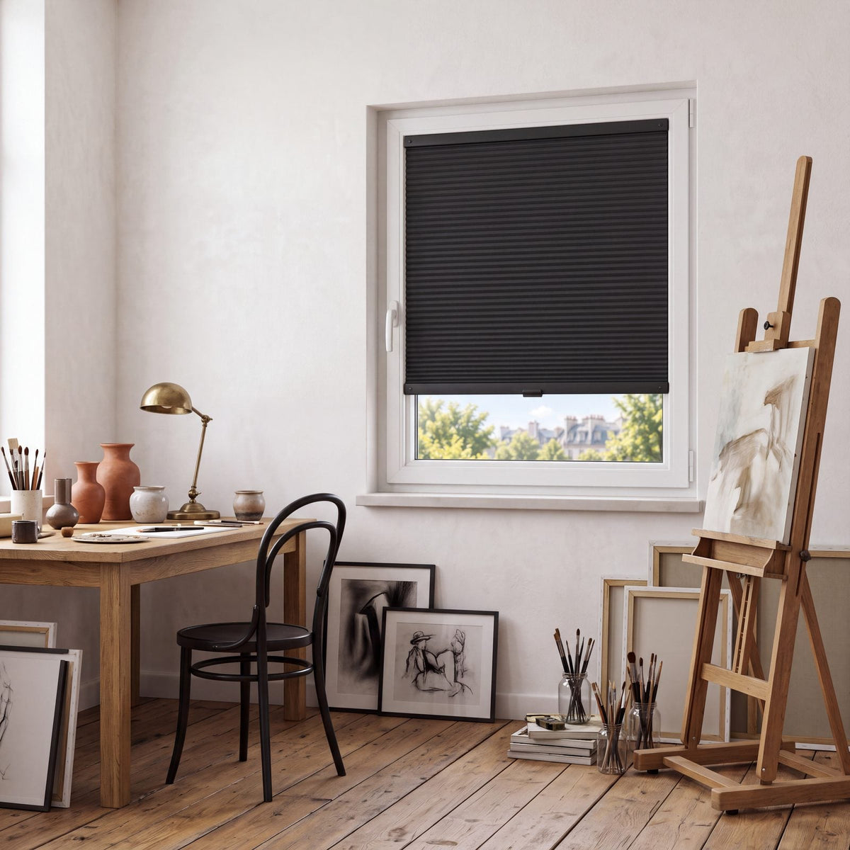 Store Noir posé à fleur du cadre de la fenêtre, dans un intérieur assorti