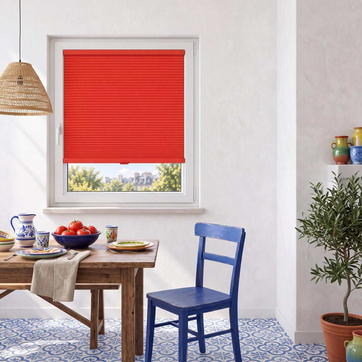 Store Rouge Tomate posé à fleur du cadre de la fenêtre, dans un intérieur assorti