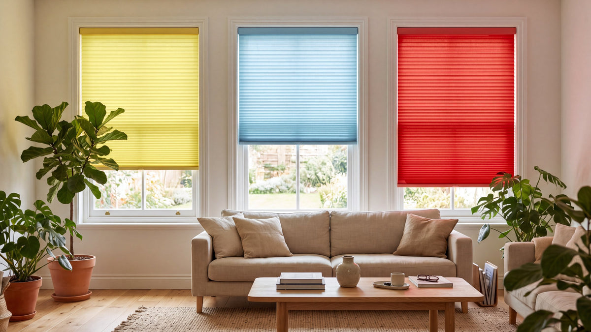 Three windows fitted with Citron, Piscine and Rouge Tomate blinds