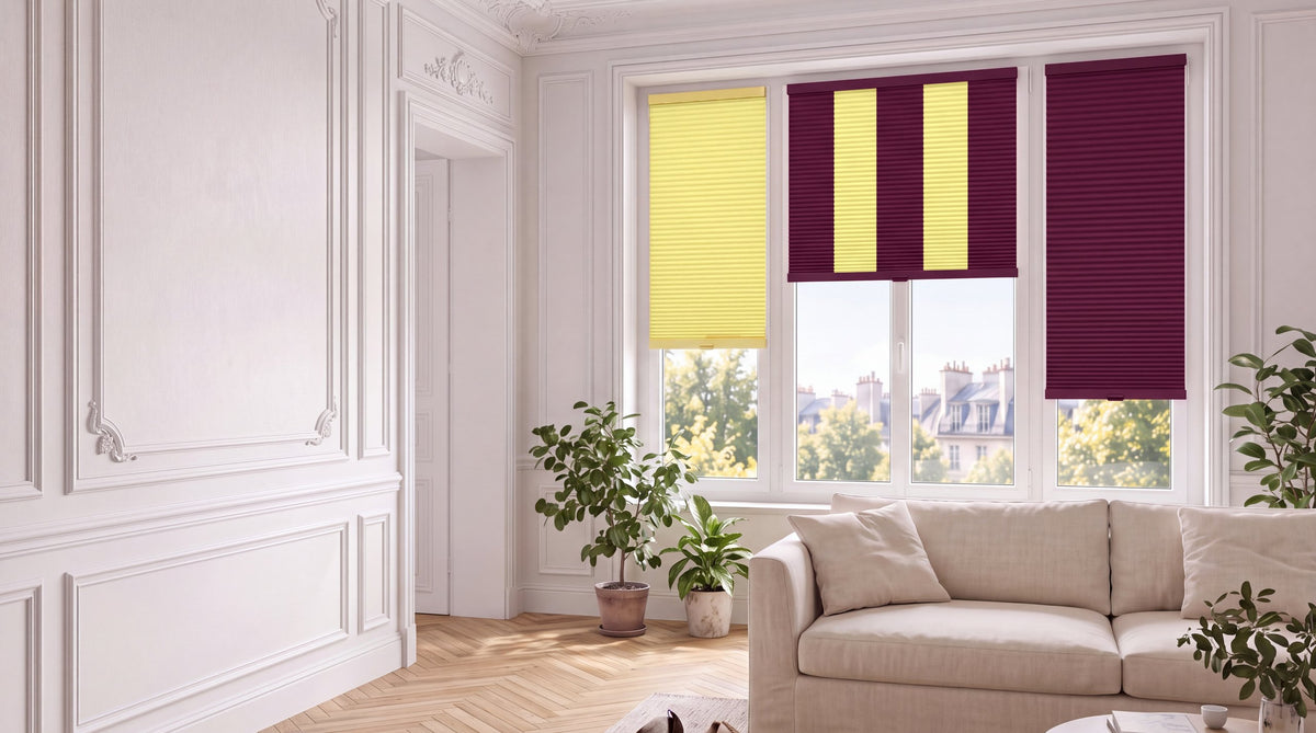 Three pleated blinds in Citron, Griotte / Citron and Griotte on a large living-room window
