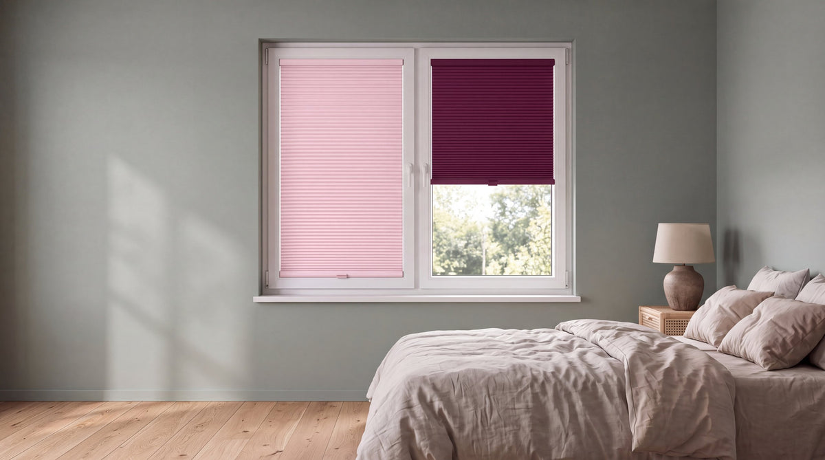Bedroom with a Rose Poudré blind and a Griotte blind