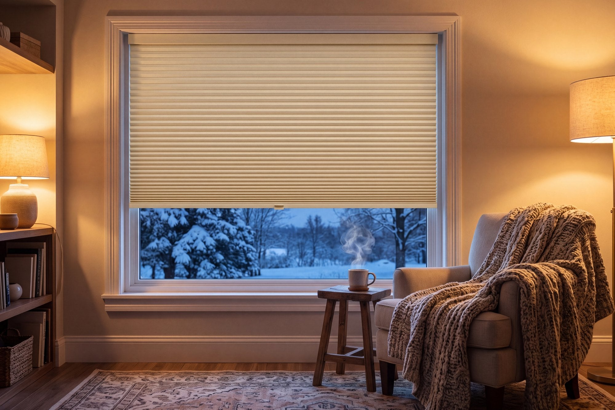 Salon en hiver, neige derrière la fenêtre, store nid d’abeille crème baissé
