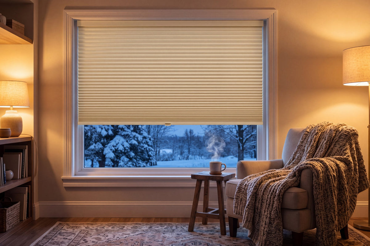 Living room in winter, snow behind the window, cream honeycomb blind lowered