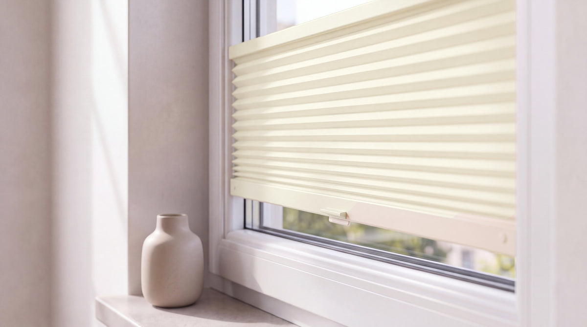 Crème pleated blind fitted right next to the glass, seen from the side