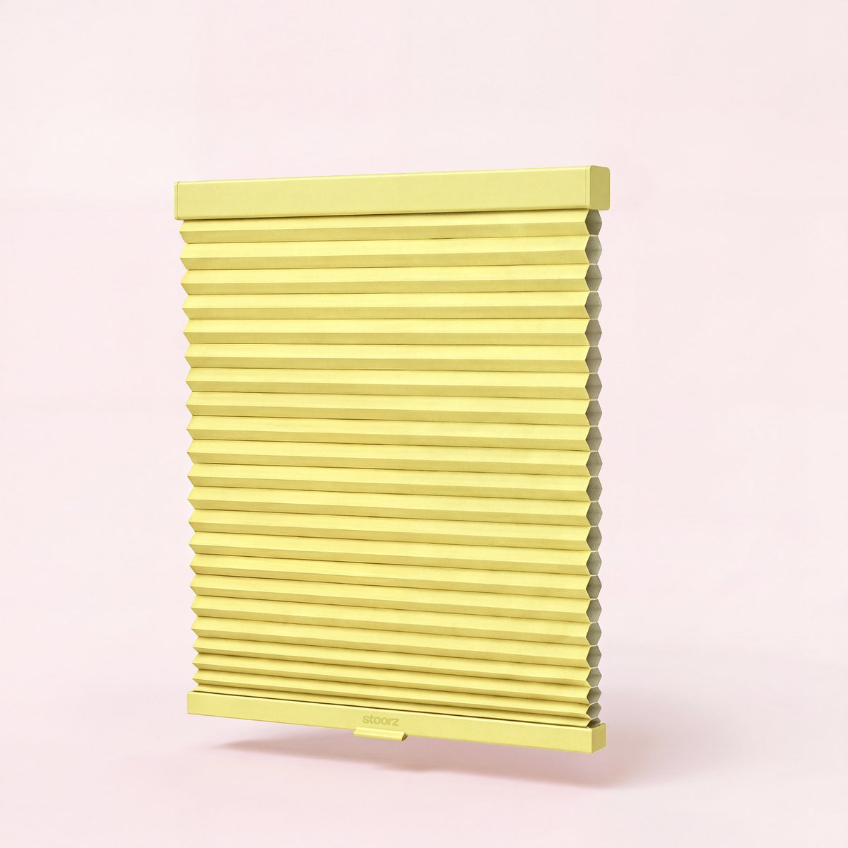 Stoorz blind with its aluminium rail and adhesive strip, its pleated fabric and its bottom bar with clip-on handle